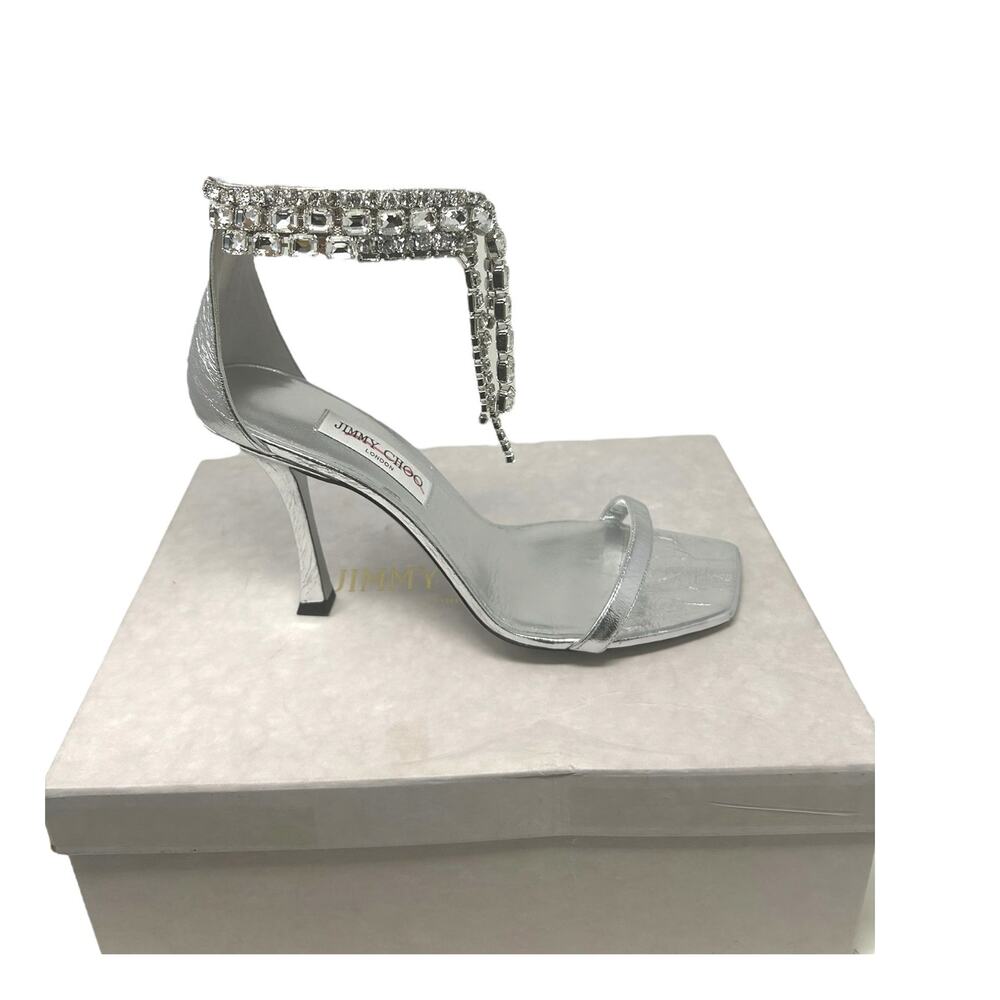 Jimmy Choo Verity 100 Embellished Leather Sandals Heels Silver 41